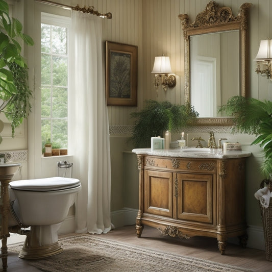 A serene, well-lit bathroom with a freestanding wooden cabinet, adorned with ornate carvings, housing neatly arranged toiletries and towels, surrounded by lush greenery and soft, cream-colored walls.