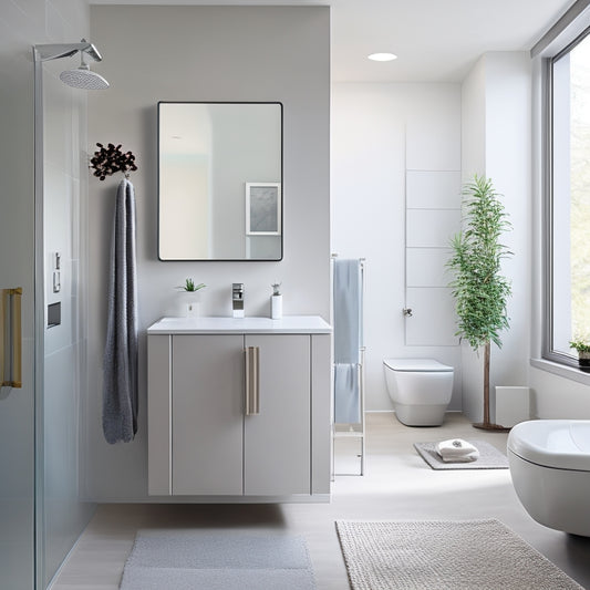 A serene, modern bathroom with a sleek, wall-mounted cabinet, a minimalist sink, and a floor-to-ceiling storage unit, featuring a few, carefully-placed, high-tech gadgets, such as a digital scale and a smart mirror.