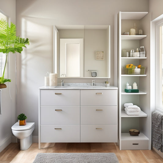 A modern bathroom with a large mirror, sleek countertops, and a wall-mounted storage unit featuring interchangeable baskets, shelves, and hooks in a polished chrome finish.