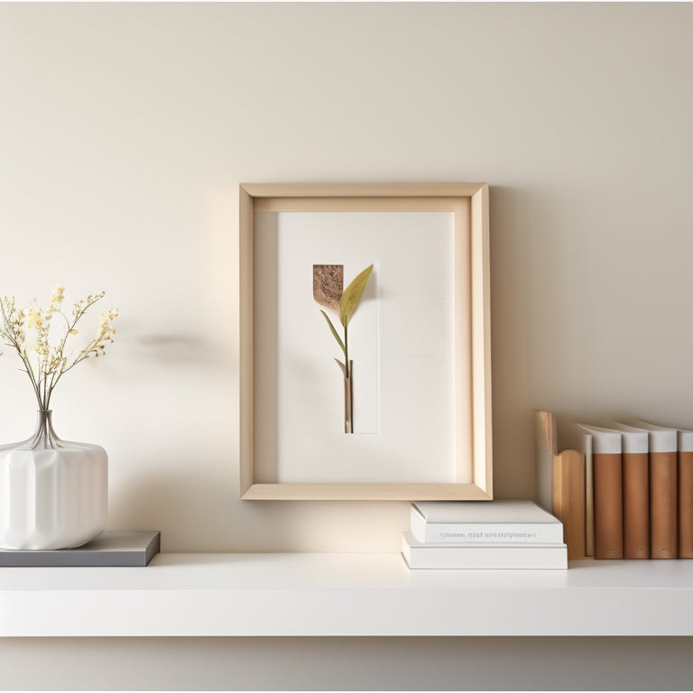 A minimalist bookshelf with 5-7 neatly arranged books, 2-3 decorative objects, and a few framed photos, set against a light, neutral-colored background, with soft, natural lighting.