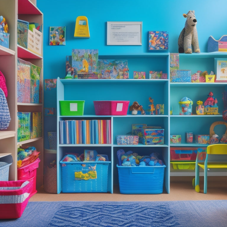 A clutter-free, well-organized playroom with toys, books, and art supplies neatly stored in labeled bins and stacked shelves, surrounded by happy, playing children.