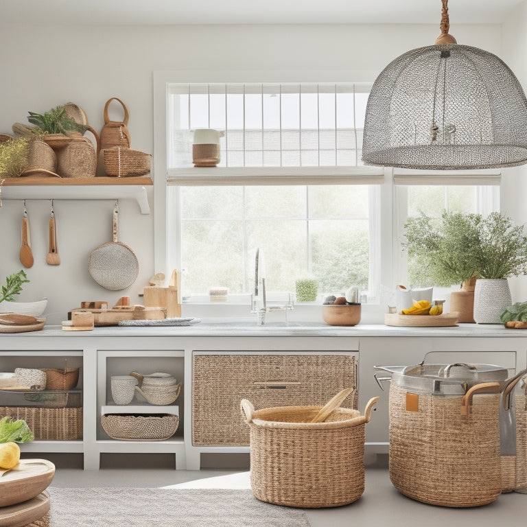 A bright, airy kitchen with a sleek countertop featuring a few strategically placed rattan baskets in various shapes and sizes, holding utensils, spices, and cookbooks, surrounded by a few carefully arranged decorative items.