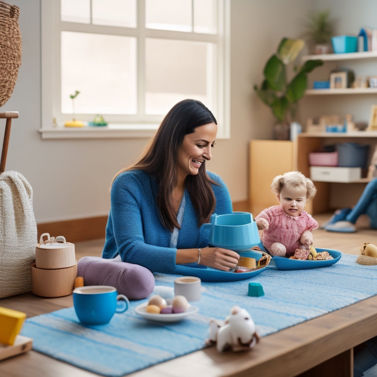 A serene morning scene: a stay-at-home mom, surrounded by calm colors, sipping coffee, with a planner and a gentle smile, amidst a tidy and organized play area with toys and blocks in the background.