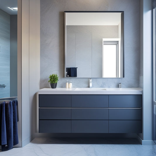 A modern bathroom with a sleek, wall-mounted sink vanity unit in polished chrome and white glass, set against a backdrop of dark grey marble and minimalist decor.