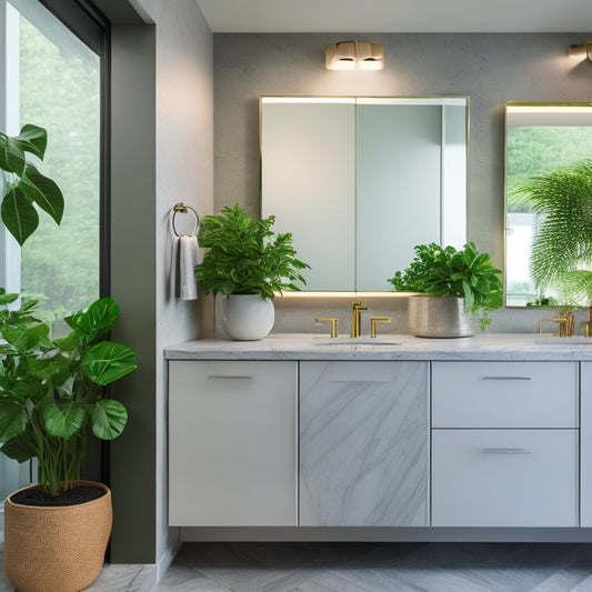 A stylish, sleek bathroom featuring a modern mirrored cabinet with soft ambient lighting, elegant chrome fixtures, marble countertops, and lush greenery, reflecting a serene and contemporary atmosphere.
