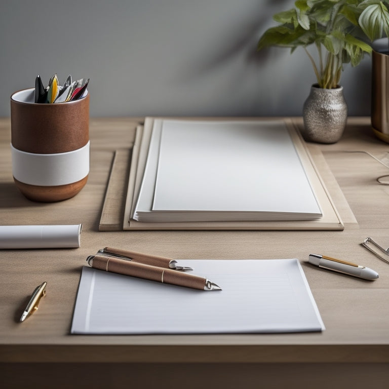 A tidy, minimalist desk with a wooden or bamboo surface, adorned with a few neatly arranged office supplies, featuring a prominent, blank, and crinkled paper to-do list with a elegant pen lying beside it.