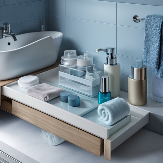 A sleek, modern bathroom countertop with a partially open drawer, revealing adjustable inserts with neatly organized toiletries, towels, and skincare products, against a soft, calming gray-blue background.