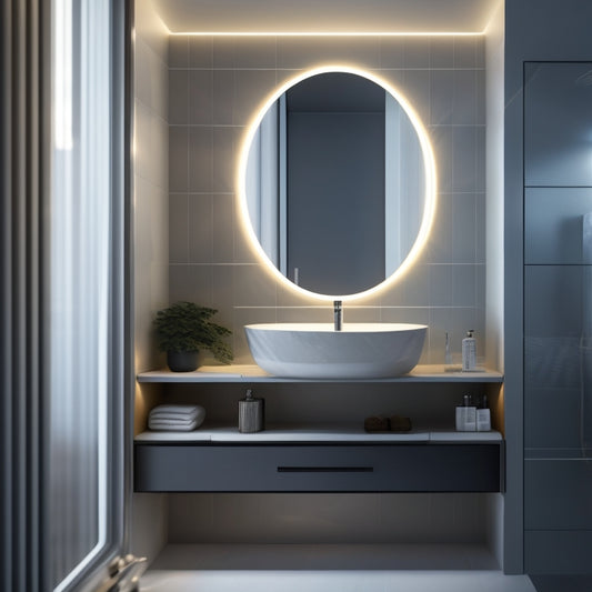 A modern bathroom with sleek, minimalist cabinets and a large, circular mirror, featuring a futuristic, wall-mounted storage rack with glowing LED lights and geometric-shaped shelves.