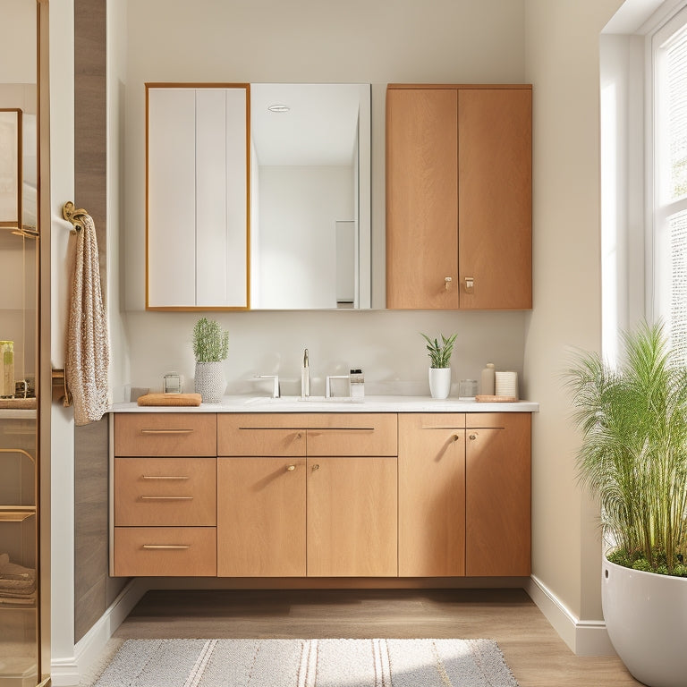 A modern bathroom scene showcasing sleek, wall-mounted space-saving cabinets with organized drawers. Soft lighting highlighting elegant finishes, with a stylish sink and minimalist decor, creating a sense of spaciousness and functionality.