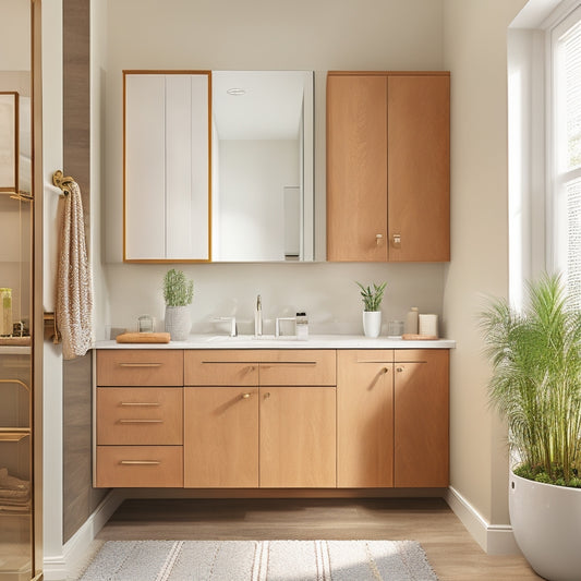 A modern bathroom scene showcasing sleek, wall-mounted space-saving cabinets with organized drawers. Soft lighting highlighting elegant finishes, with a stylish sink and minimalist decor, creating a sense of spaciousness and functionality.