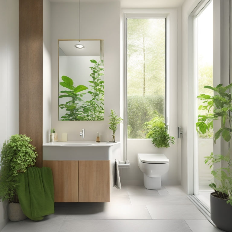 A serene, minimalist bathroom with a sleek, wall-mounted sink, a compact toilet, and a shower area with a glass door, surrounded by soft, natural light and a few lush green plants.