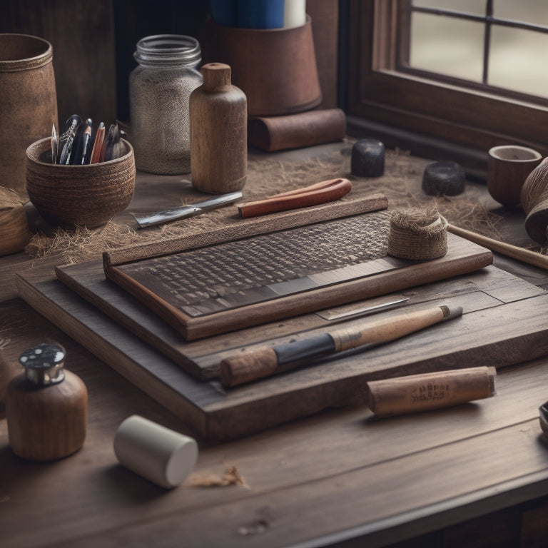 A worn wooden desktop with a partially built desktop organizer featuring neatly arranged compartments, pencils, and a small hammer, surrounded by wood shavings and a blueprint roll.