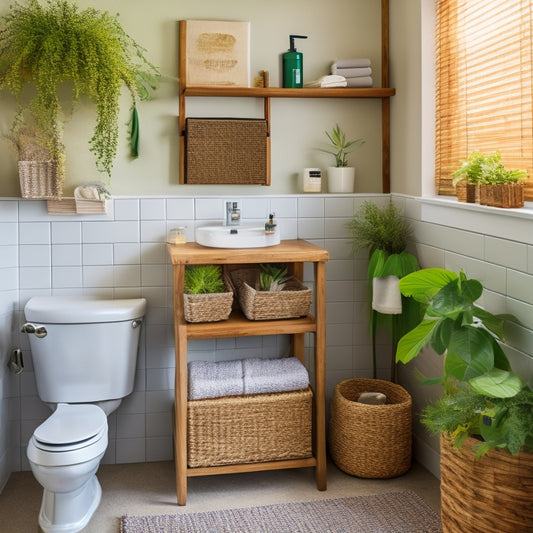 A tidy, modern bathroom with a mix of repurposed and DIY storage solutions, featuring a woven basket under the sink, a tension rod with hanging baskets, and a reclaimed wood shelf above the toilet.