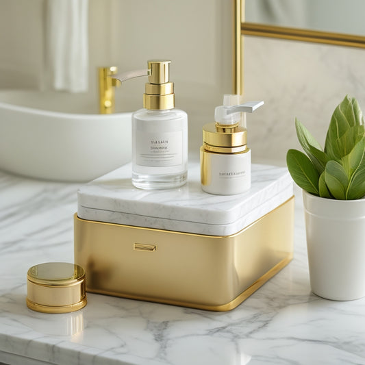 A sleek, white marble storage box with a rounded lid and gold hardware, placed on a matching marble countertop, surrounded by elegant bathroom fixtures and a few strategically-placed toiletries.