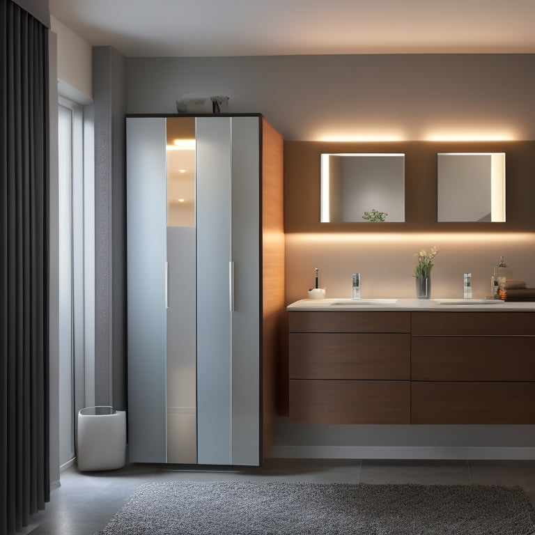 A modern bathroom with three lit cabinets of varying styles: a sleek, wall-mounted cabinet with a frosted glass shelf, a recessed cabinet with a warm LED glow, and a floor-standing cabinet with a mirrored door.