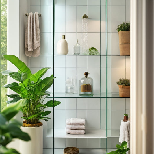 A sleek, minimalist shower corner featuring clear glass shelves holding neatly arranged, modern bottles. Soft natural light filters in, illuminating polished tiles and a small potted plant, creating a serene, organized atmosphere.