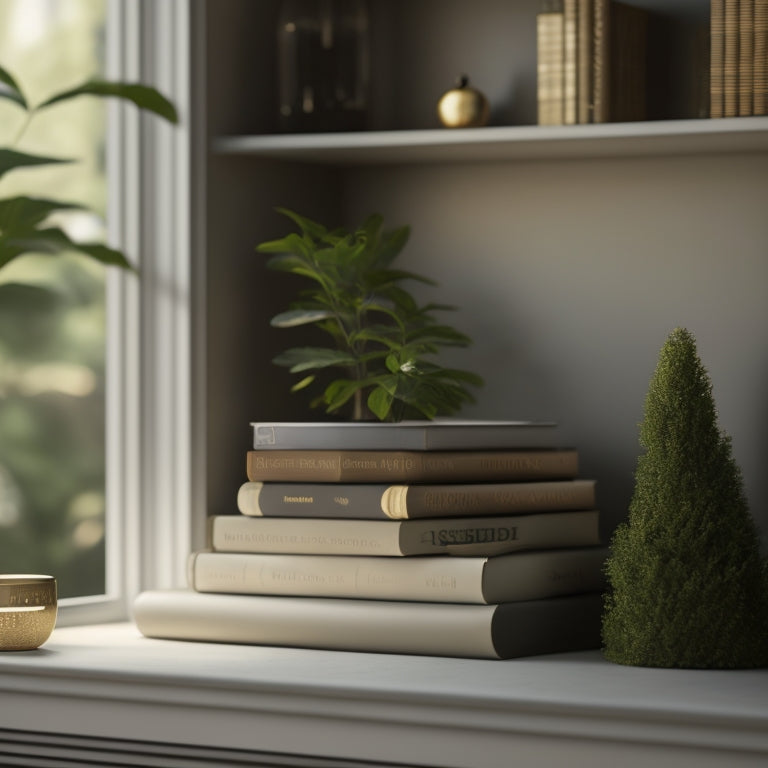 A serene, minimalist bookshelf with 5-7 books in a mix of paperback and hardcover, surrounded by lush greenery, a few decorative objects, and warm, golden lighting.