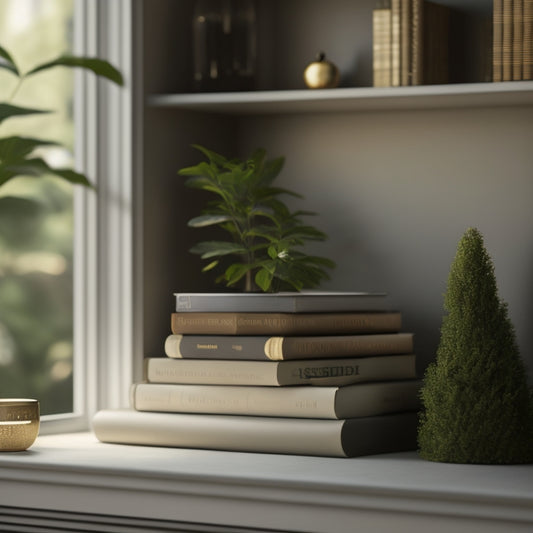 A serene, minimalist bookshelf with 5-7 books in a mix of paperback and hardcover, surrounded by lush greenery, a few decorative objects, and warm, golden lighting.