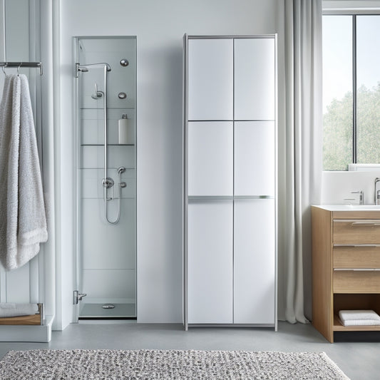 A serene, minimalist bathroom with a wall-mounted cabinet featuring a sliding glass door, a woven storage basket on the floor, and a sleek, chrome-finished towel rack.
