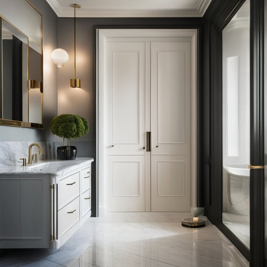 A luxurious bathroom with a floor-to-ceiling cabinet featuring a curved glass door, ambient LED lighting, and a sleek, matte-black frame, set against a backdrop of creamy white marble and chrome accents.