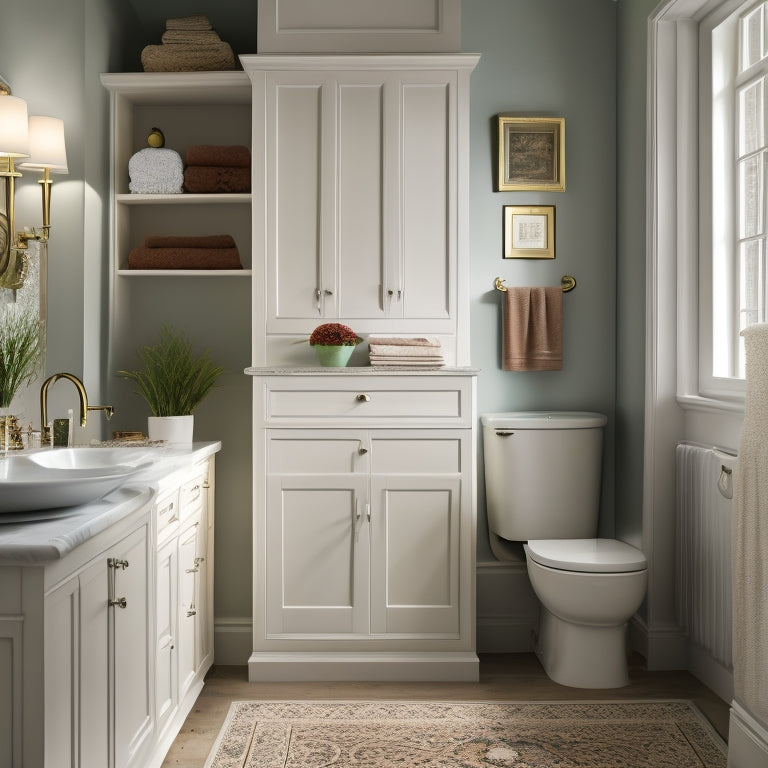 A serene, well-lit bathroom with a wall-mounted cabinet featuring pull-out drawers, a recessed medicine cabinet, and a pedestal sink with a slide-out storage bin underneath.