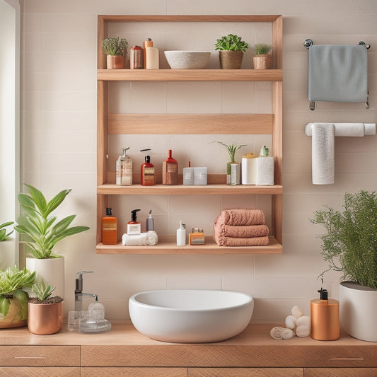 A modern bathroom with sleek, wall-mounted wooden shelves displaying neatly arranged toiletries, potted succulents, and decorative baskets, all set against a soft, neutral-toned wall, illuminated by warm, ambient lighting.