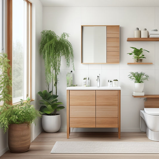 A serene, minimalist bathroom with a white freestanding tub, surrounded by sleek, floor-to-ceiling cabinets in a warm wood tone, and a floating shelf above the toilet, storing rolled towels and a potted plant.