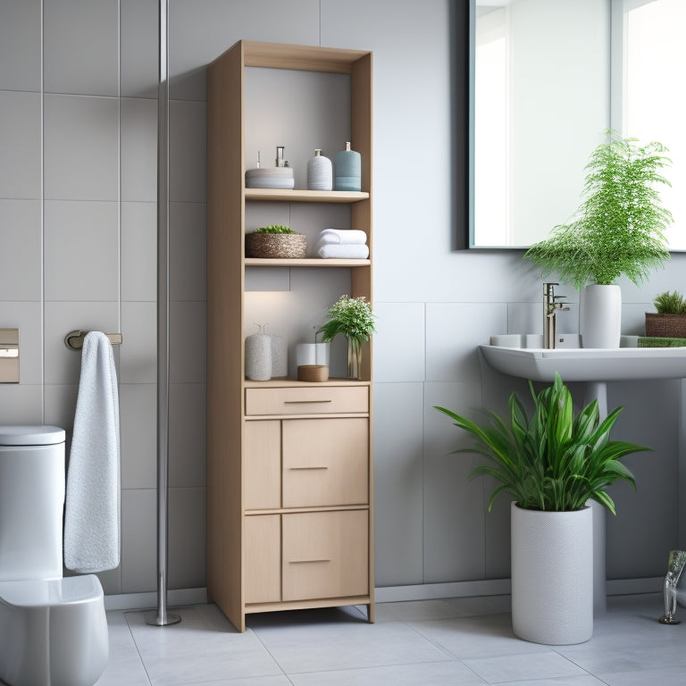 A minimalist, modern bathroom featuring a floor-standing cabinet with three open shelves, holding rolled towels, decorative vases, and a potted plant, against a soft, gray background.