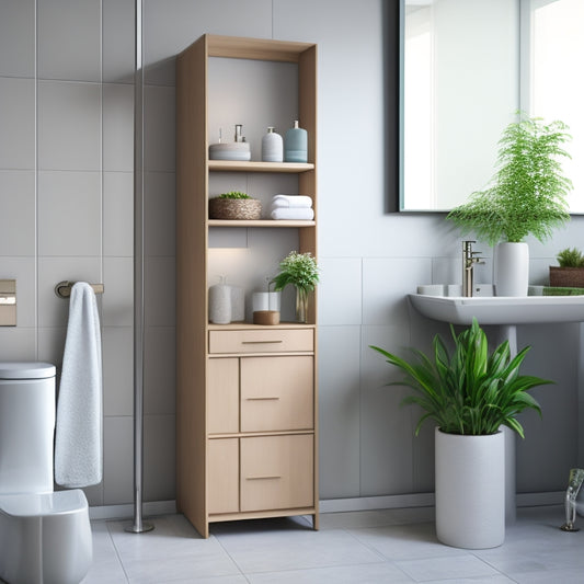 A minimalist, modern bathroom featuring a floor-standing cabinet with three open shelves, holding rolled towels, decorative vases, and a potted plant, against a soft, gray background.