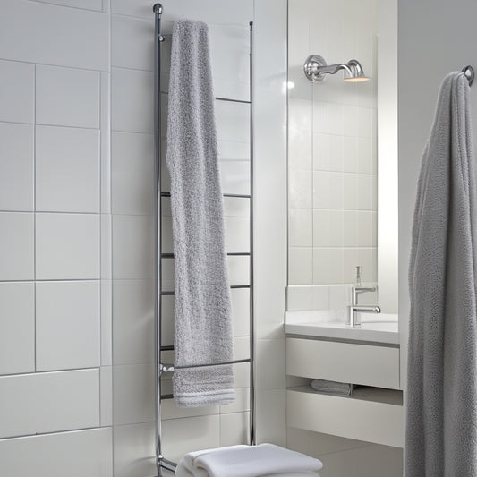 A modern bathroom with a sleek, wall-mounted towel rack featuring three horizontal bars, each holding three rolled towels, against a soft, grey background with subtle bathroom fixtures.