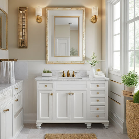 A serene bathroom scene featuring 7 distinct white sink cabinet combinations, each with unique hardware and surrounding decor, set against a soft, creamy background with warm, golden lighting.