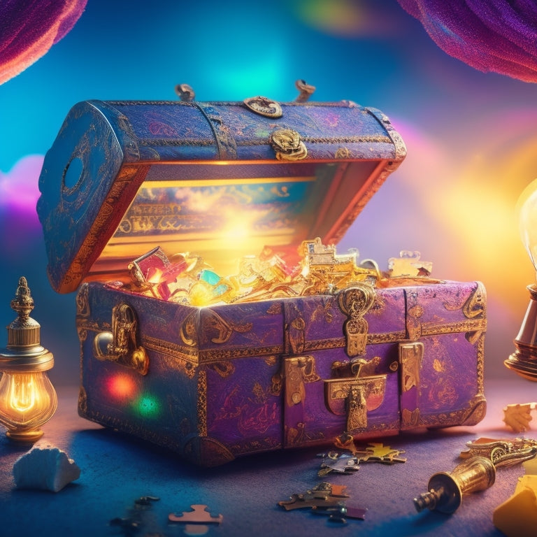 A vibrant, glowing key unlocking a treasure chest overflowing with colorful puzzle pieces, gears, and lightbulbs, surrounded by a halo of radiant light and subtle, swirling clouds.