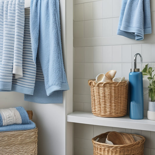 A tidy, compact bathroom with a wall-mounted towel rack featuring three rolled towels, a woven basket holding extra towels, and a few decorative shells on a nearby shelf.
