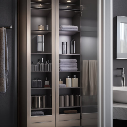 A sleek, modern bathroom cabinet with mirrored doors, adorned with polished chrome hardware, showcasing a neatly organized array of high-end toiletries and plush towels on wooden shelves.