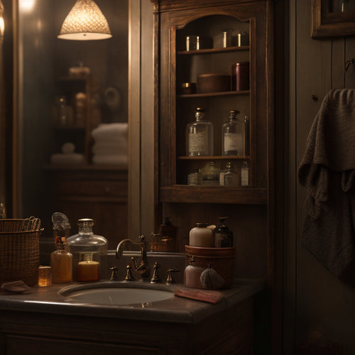 A dimly lit, vintage-inspired bathroom with distressed wooden cabinets, ornate metal fixtures, and a mix of apothecary jars, woven baskets, and antique containers storing toiletries and linens.