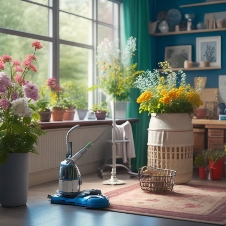A serene, well-lit room with a mix of tidy and cluttered areas, featuring a vacuum, mop, and cleaning supplies in the foreground, surrounded by blooming flowers and greenery.