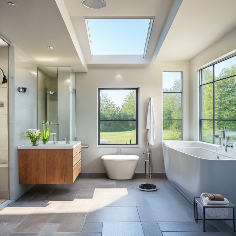 A sleek, modern bathroom with a freestanding tub, rainfall showerhead, heated floors, and a double vanity with quartz countertops, surrounded by large format tiles and a skylight above.