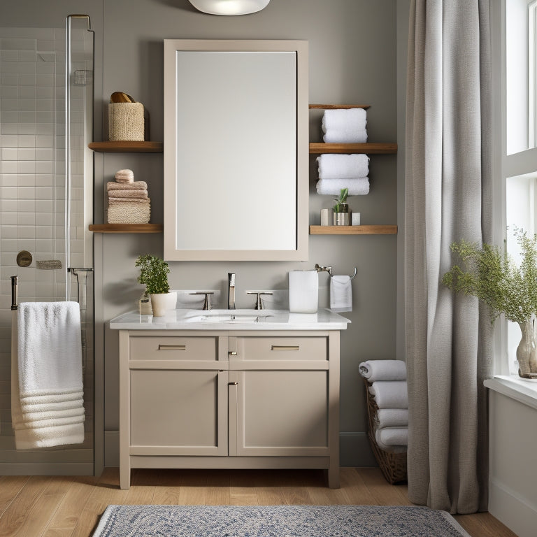 A serene, well-lit bathroom with a sleek, wall-mounted cabinet featuring mirrored doors, a floating shelf with rolled towels, and a woven storage basket beneath a modern sink.