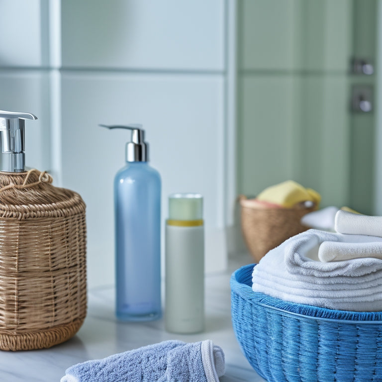 A tidy bathroom countertop with a woven basket holding rolled towels, a glass jar filled with cotton balls, and a sleek, chrome organizer containing toothbrushes and toothpaste, set against a soft, gray background.