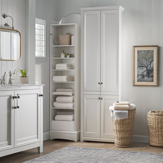 A serene, well-lit bathroom with a wall-mounted cabinet featuring glass doors, a freestanding storage unit with woven baskets, and a pedestal sink with a slender, chrome-finished towel rack.