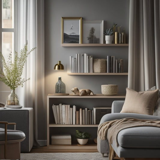 A serene, well-lit living room with a minimalist aesthetic, featuring a perfectly organized bookshelf, a few carefully placed decorative objects, and a subtle calming color palette.