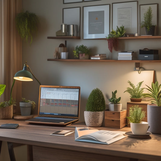 A tidy, well-lit home office with a corkboard calendar, a wooden desk with a laptop and a notebook, and a shelf with labeled storage bins and a small potted plant.