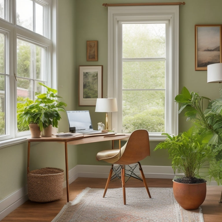 A serene home office with a polished wooden desk, a ergonomic chair, and a lush green plant on a corner, surrounded by cream-colored walls and a large window with soft, white curtains.