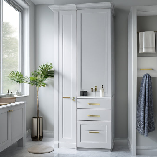 A modern bathroom with a wall-mounted cabinet featuring soft-close drawers, a recessed medicine cabinet, and a vertical storage tower, set against a calming gray and white marble background.