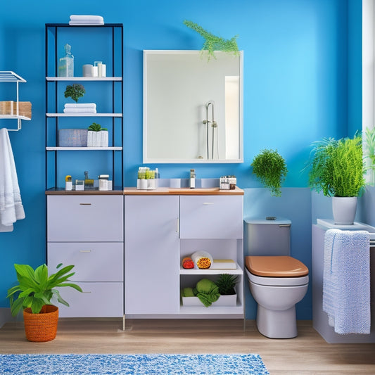 A spacious, modern bathroom featuring modular storage solutions: sleek cabinets, tiered shelving, colorful bins, and organized toiletries. A family-friendly design with vibrant towels, plants, and an open, inviting layout that promotes functionality.