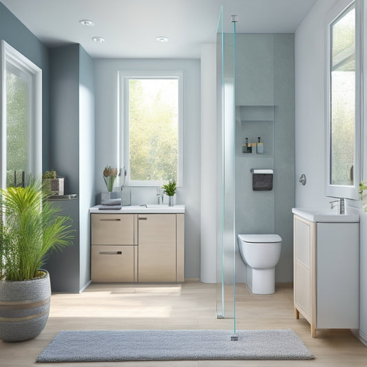 A serene, modern small bathroom with a wall-mounted sink, a compact toilet, and a sleek glass shower enclosure, featuring a recessed medicine cabinet, a sliding storage niche, and a pedestal sink with built-in storage.