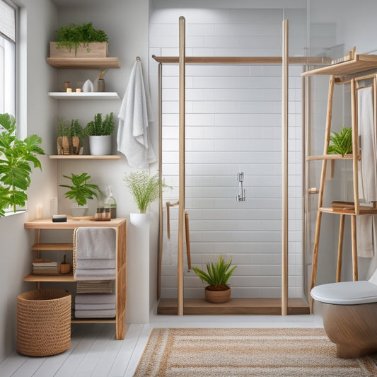 A minimalist bathroom with a freestanding tub, glass-enclosed shower, and sleek flooring, featuring a ladder shelf with three wooden rungs and two glass shelves holding decorative towels and plants.