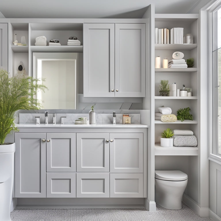 A modern, sleek bathroom with a mix of open shelving and closed cabinets in a calming gray and white color scheme, featuring a variety of bathroom storage solutions and decorative accents.