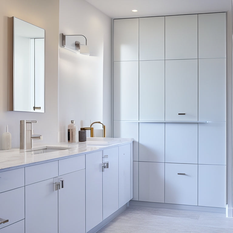 A sleek, modern bathroom with a large, wall-mounted white storage cabinet featuring clean lines, a flat-panel door, and a chrome handle, set against a gray and white marble backsplash.