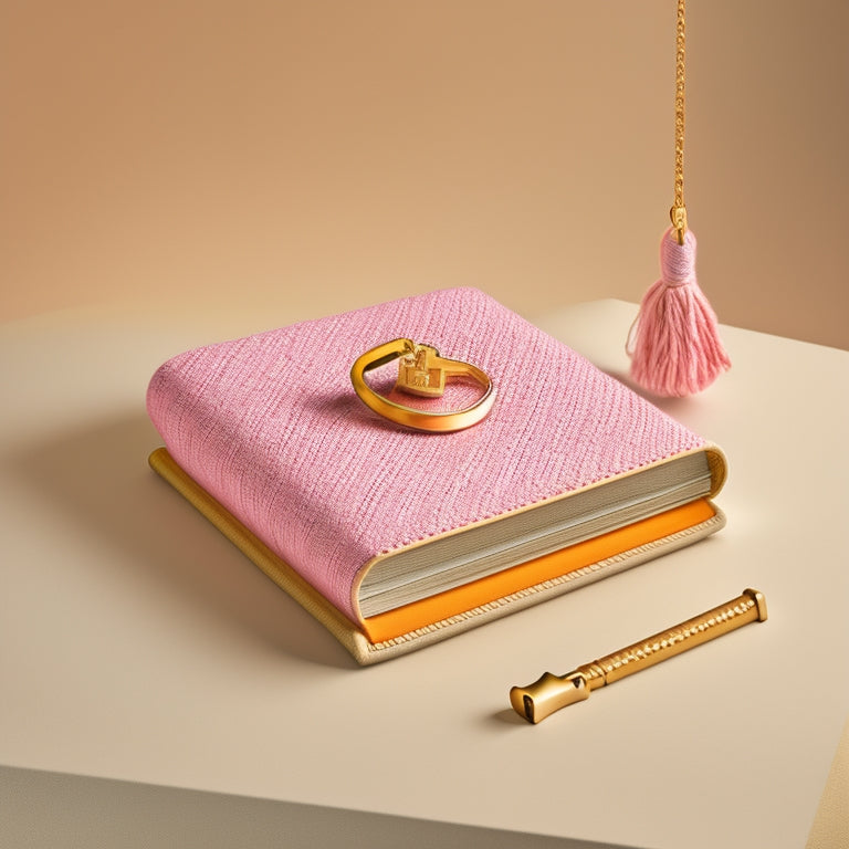 A minimalist, pastel-hued illustration featuring a small, leather-bound book with a golden lock and key, surrounded by colorful swatches of fabric, threads, and yarns, on a soft, creamy background.